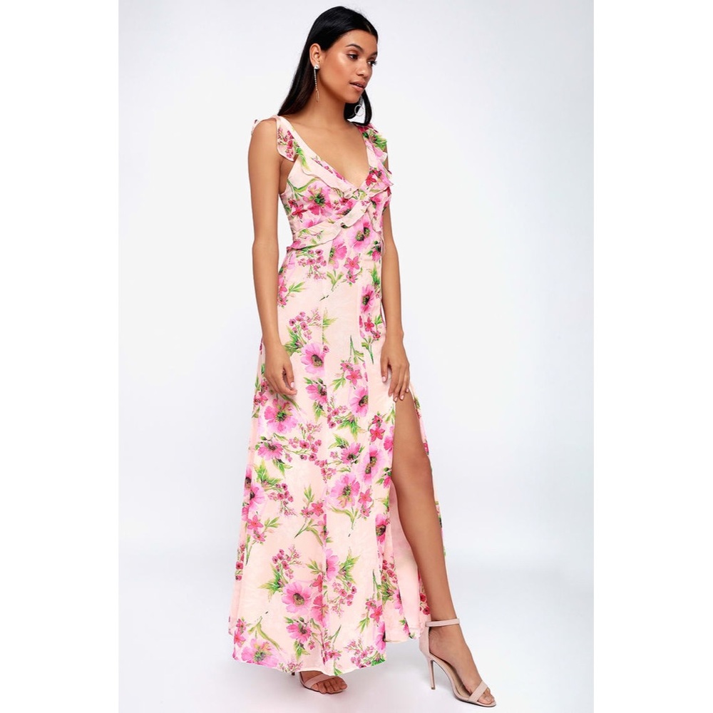 LULUS feeling fleur-ty pink floral ruffle maxi dress